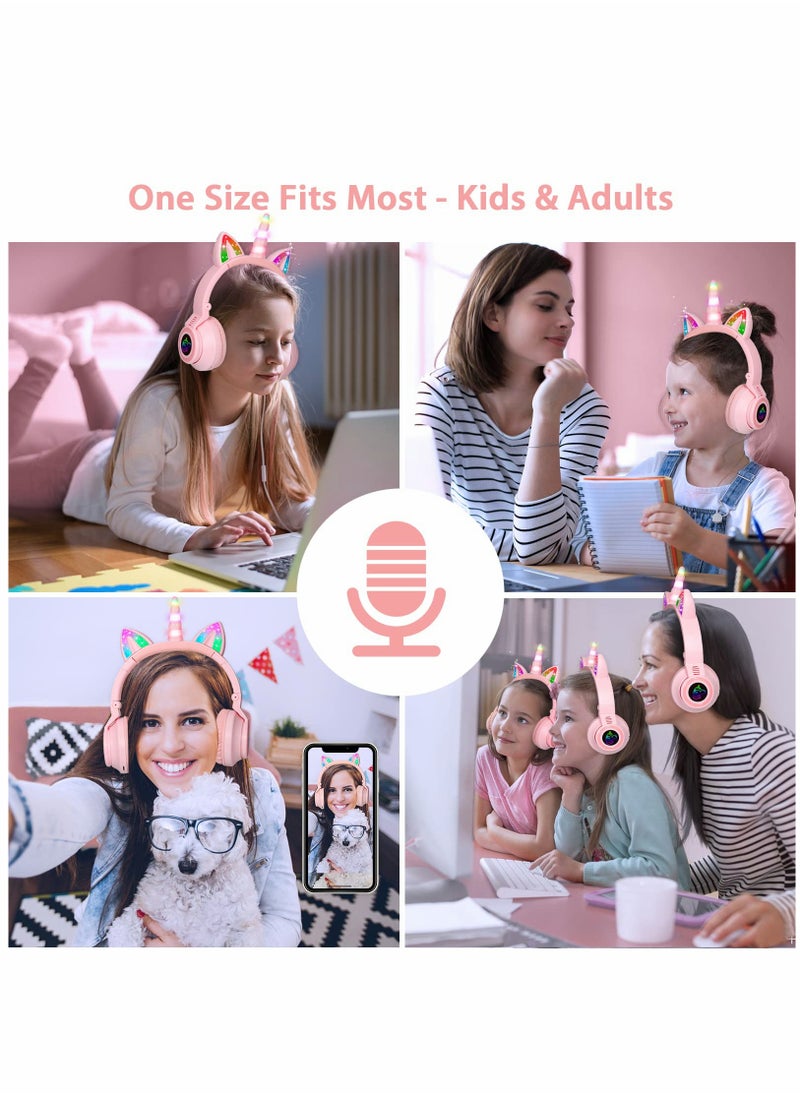 Unicorn Headphones, Bluetooth Foldable Headphones Stereo with Microphone and Volume Control Light Up for PC  (Pink)