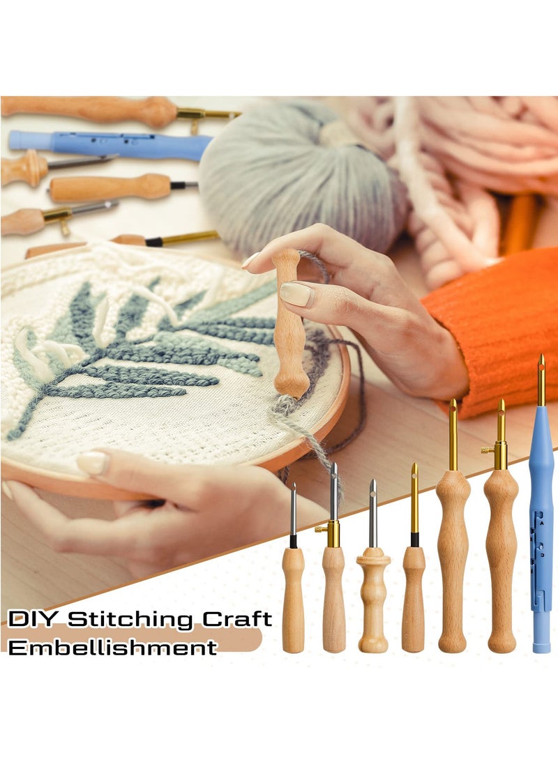 Punch Needle Embroidery Kits, 7 Pcs Adjustable Rug Yarn Punch Needle, Wooden Handle Embroidery Pen,Embroidery Hoops,scissors, Needle Threader, Punch Needle Cloth for DIY Starter Kit