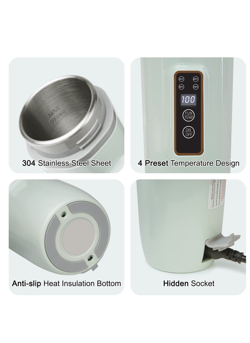 Travel Kettle 4 Preset Temperature Control Fast Water Boil Portable Electric Kettle Stainless Material Automatic Shut off Tea Pot Suitable for Milk Coffee Water and Making Tea 350ml Green