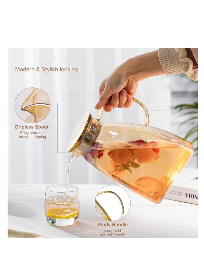 Glass Pitcher With Lid and Spout, Beverage Pitcher for Drinks, Glass Water Carafe, 1.8 Liter Glass Pitchers With Handle And Lid, for Fridge, Hot/Cold Water Iced Tea Juice Coffee Milk Beverage(Amber)