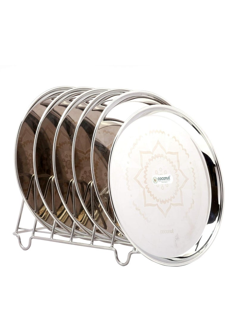 Coconut Stainless Steel Heavy Guage Full Plates Rangoli Design Round Dinner Plates - 6 Pcs Set (27.5 Cms Each)