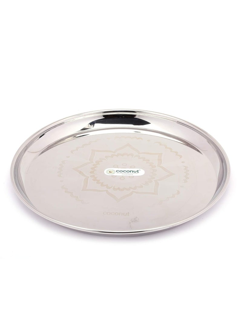 Coconut Stainless Steel Heavy Guage Full Plates Rangoli Design Round Dinner Plates - 6 Pcs Set (27.5 Cms Each)