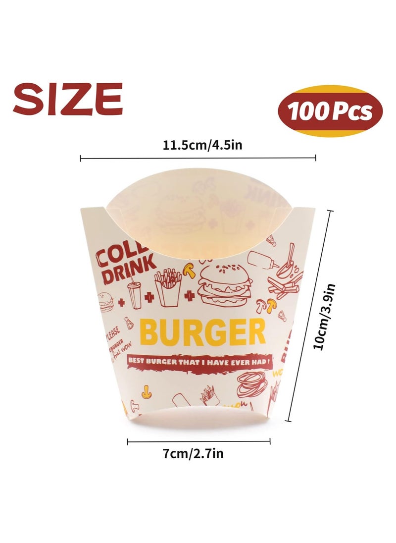 100PCS French Fry Box, French Fries Holder Cardboard, French Fry Cups Paper, Burger Container, Snack Bags, Clear Pattern Stand Packaging, Fast food Takeout for Party Charcuterie Home