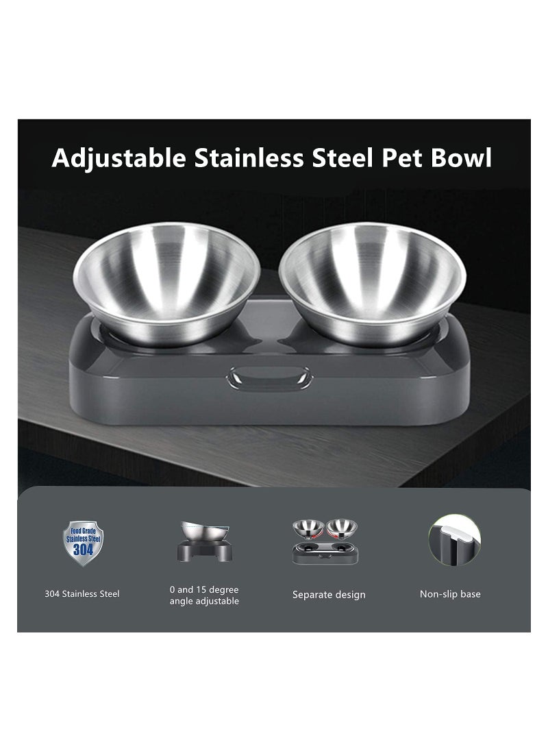 Raised Cat Bowl with Stainless Steel, Non-Slip Silicone Mat u0026 Raised Cat Feeder with 15° u0026 0° Tilting Neck Protective Bowl for Pets, Cats Food and Water Feeding