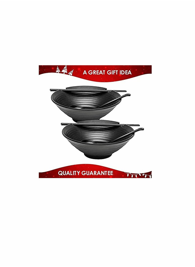 2 Sets of Ramen Bowl (Black Melamine) 6 Pieces 37oz Soup Bowls with Chopsticks and Spoons Set for Ramen Pho Noodles Asian Dishes