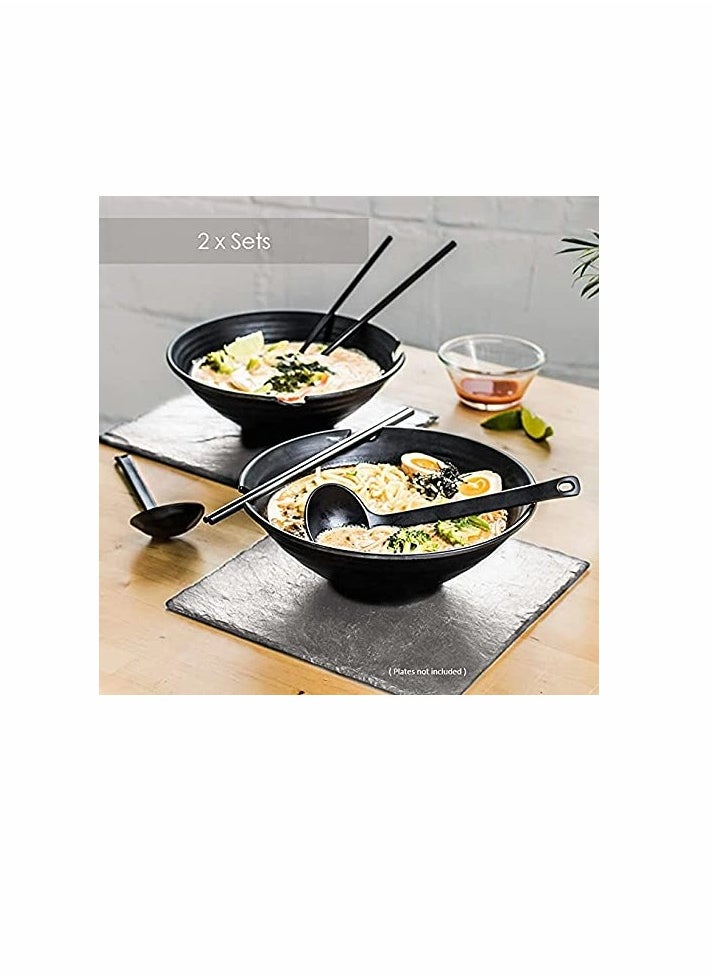 2 Sets of Ramen Bowl (Black Melamine) 6 Pieces 37oz Soup Bowls with Chopsticks and Spoons Set for Ramen Pho Noodles Asian Dishes