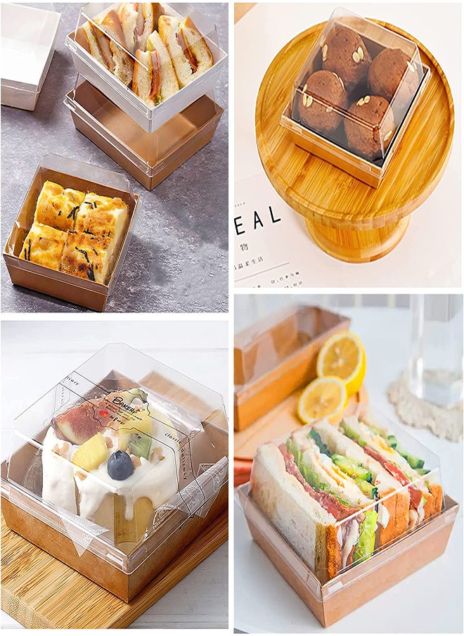 Charlovelyrie Boxes with Clear Lids 50Pcs Brown Oil-Proof Kraft Paper Dessert Boxes Food Containers for Bakery Macaron Cookies Mini Cakes Strawberries Tiramisu Hamburger Packing Box