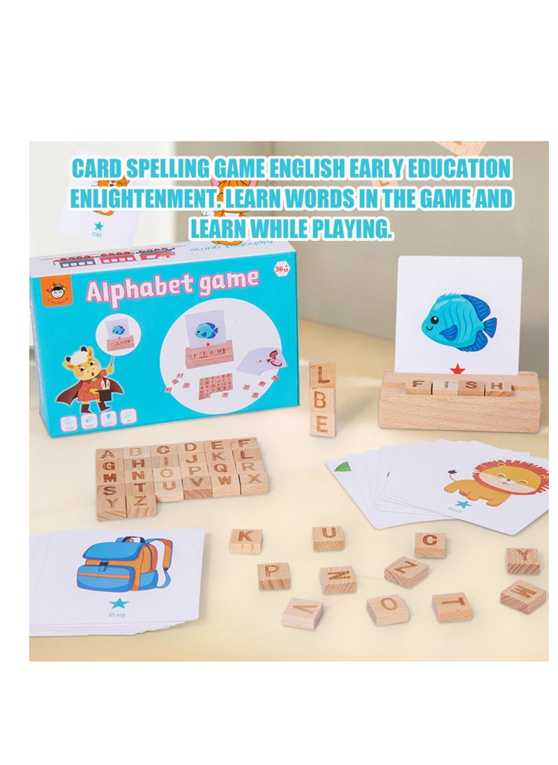 Wooden Reading Blocks Spelling Games, Alphabet Flash Cards Toys with 30 Flash Cards, Learning Educational Montessori Puzzle Gift, Suitable for Preschool Kids Boys Girls Age 3 4 5 6 Years Old