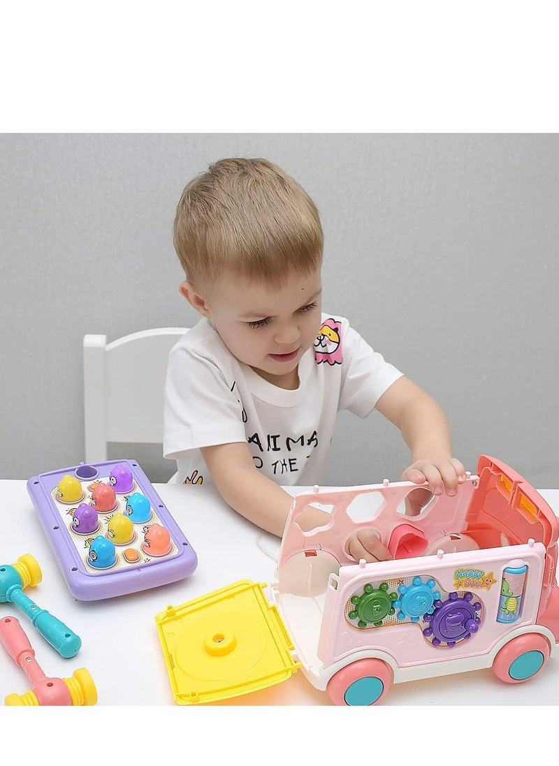 Adorable Stone Push Pull Bus Toy, Baby Musical Learning Toys with Sound  Light, Whack-a-Mole Game, Shape Matching, Gear, Toy Clock, Activity Bus Toy Early Education Gift for Toddler Boys Girls