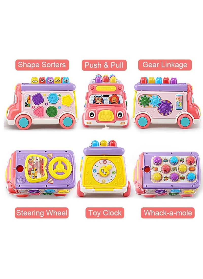 Adorable Stone Push Pull Bus Toy, Baby Musical Learning Toys with Sound  Light, Whack-a-Mole Game, Shape Matching, Gear, Toy Clock, Activity Bus Toy Early Education Gift for Toddler Boys Girls