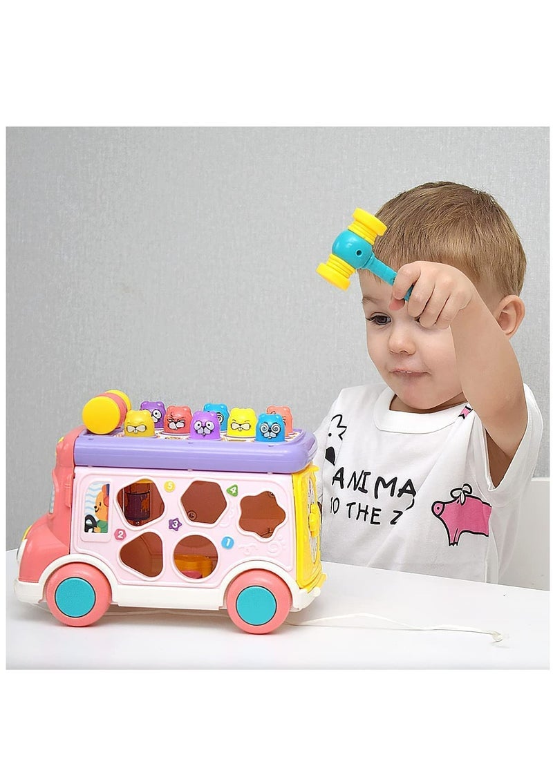 Adorable Stone Push Pull Bus Toy, Baby Musical Learning Toys with Sound  Light, Whack-a-Mole Game, Shape Matching, Gear, Toy Clock, Activity Bus Toy Early Education Gift for Toddler Boys Girls