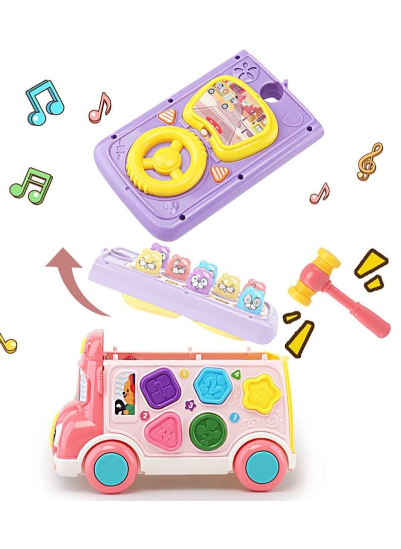 Adorable Stone Push Pull Bus Toy, Baby Musical Learning Toys with Sound  Light, Whack-a-Mole Game, Shape Matching, Gear, Toy Clock, Activity Bus Toy Early Education Gift for Toddler Boys Girls