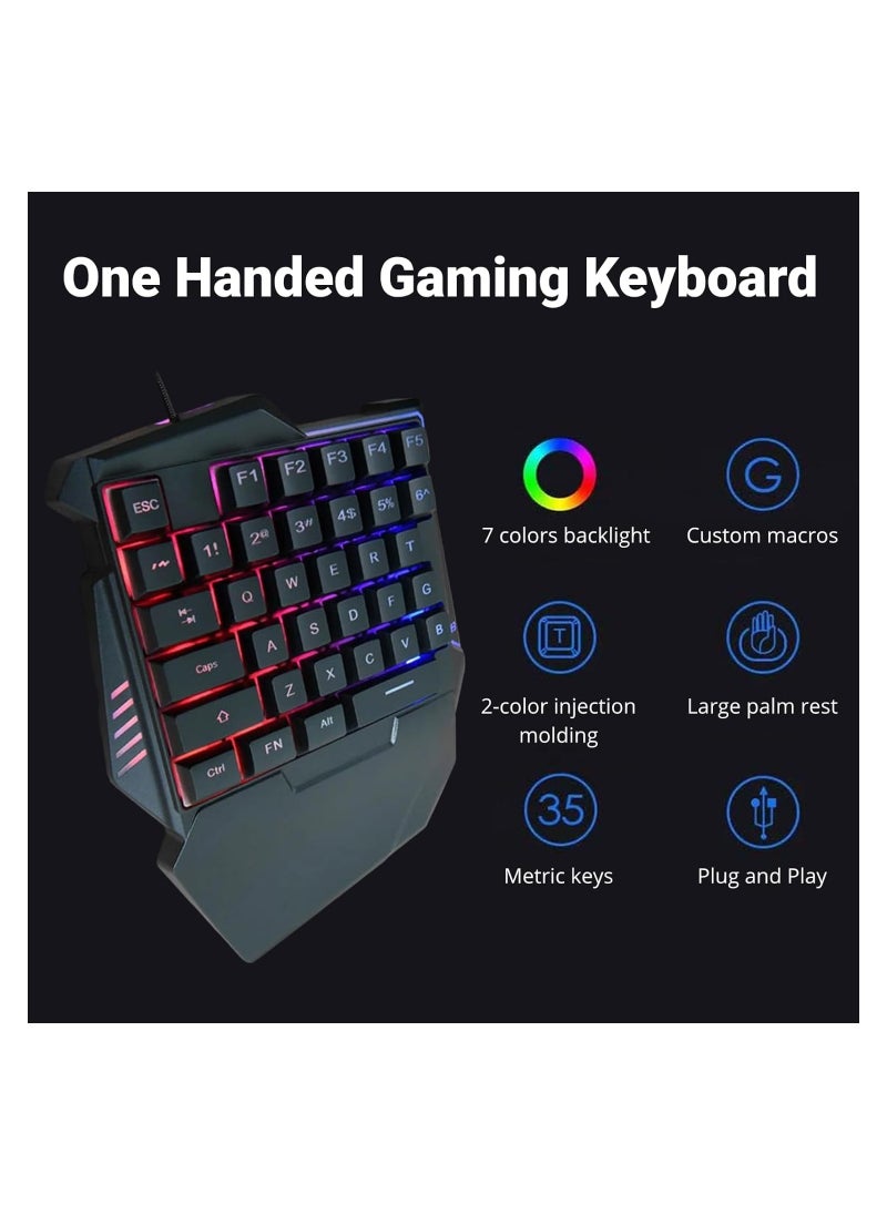 One Handed Gaming Keyboard,  G7 35 Keys RGB Backlit Single Hand Game Keyboard USB Wired Ergonomic Gaming Keypad with Wrist Rest, for PC Gamer,  Silent RGB Gaming Keyboard for PC