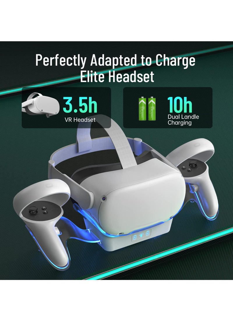 VR Charging Dock for Oculus Quest 2, LED Light Enhanced Headset Display Fast Charging Stand Touch Controller Mount Accessories for Meta Quest 2, 2 Rechargeable Batteries, Magnetic Type-C Connector