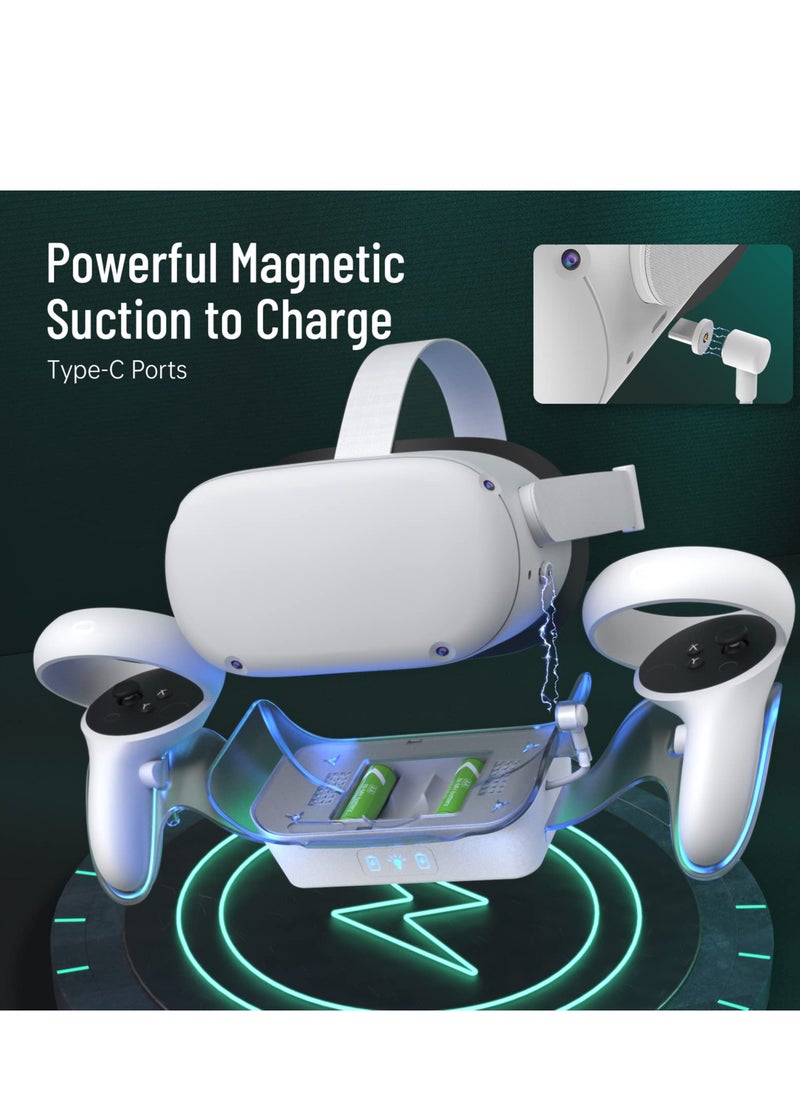 VR Charging Dock for Oculus Quest 2, LED Light Enhanced Headset Display Fast Charging Stand Touch Controller Mount Accessories for Meta Quest 2, 2 Rechargeable Batteries, Magnetic Type-C Connector