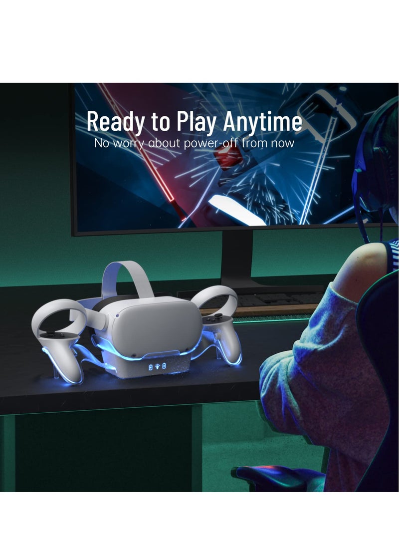 VR Charging Dock for Oculus Quest 2, LED Light Enhanced Headset Display Fast Charging Stand Touch Controller Mount Accessories for Meta Quest 2, 2 Rechargeable Batteries, Magnetic Type-C Connector