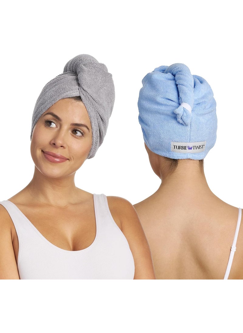 Turbie Twist 2Pack Microfiber Hair Towel for Beauty Travel Gifting  Hair Wrap Turban for Straight Wavy  Curly Hair  Premium Hair Care  Grey  Blue