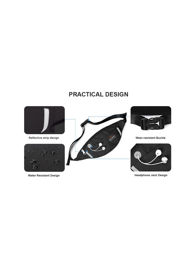 Trendy Waterproof Waist Bags for Men and Women, Multi-Color Crossbody Belt Bags with Headphone Jack, Plus Size for Running, Compatible with All Phones, Black