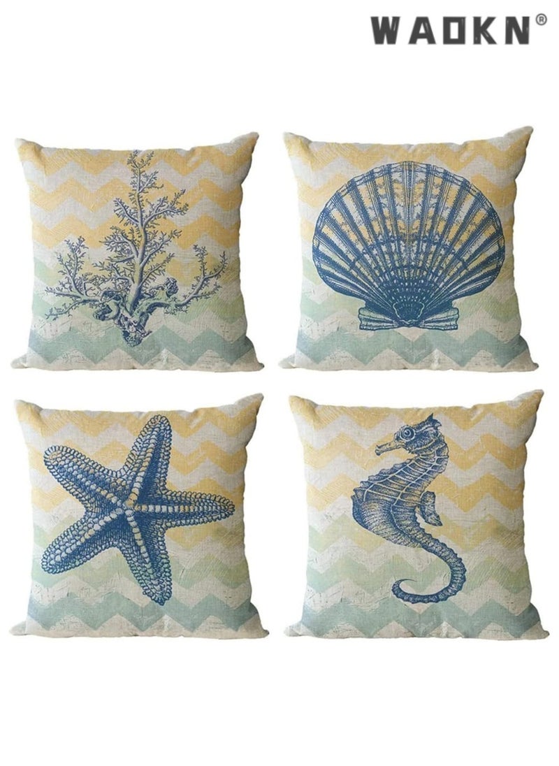 Decorative Throw Pillow Covers Pack of 4, Waterproof Cushion Covers, Perfect to Outdoor Patio Garden Living Room Sofa Farmhouse Decor (18x18 Inches) (Starfish Seahorse)