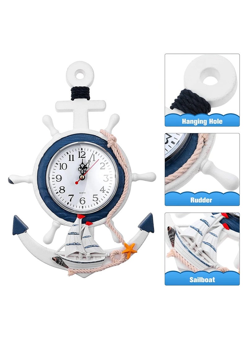 Wall Clock, Mediterranean Style, Nautical Hanging Clock, Creative Nautical Anchor Ship, Wall Decoration for Living Room Bedroom Home Office, Decorations Gift, Clock Wall (Helmsman)