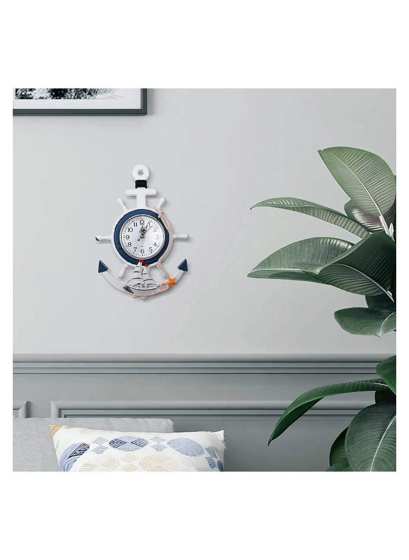 Wall Clock, Mediterranean Style, Nautical Hanging Clock, Creative Nautical Anchor Ship, Wall Decoration for Living Room Bedroom Home Office, Decorations Gift, Clock Wall (Helmsman)