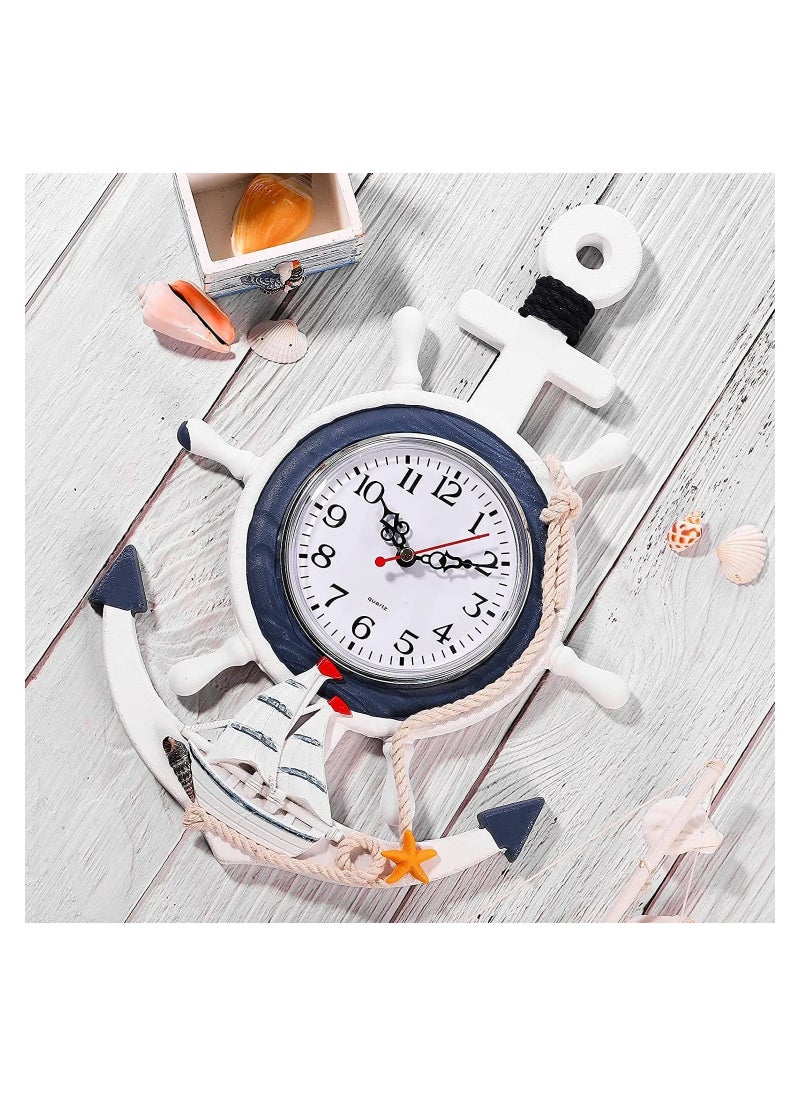 Wall Clock, Mediterranean Style, Nautical Hanging Clock, Creative Nautical Anchor Ship, Wall Decoration for Living Room Bedroom Home Office, Decorations Gift, Clock Wall (Helmsman)