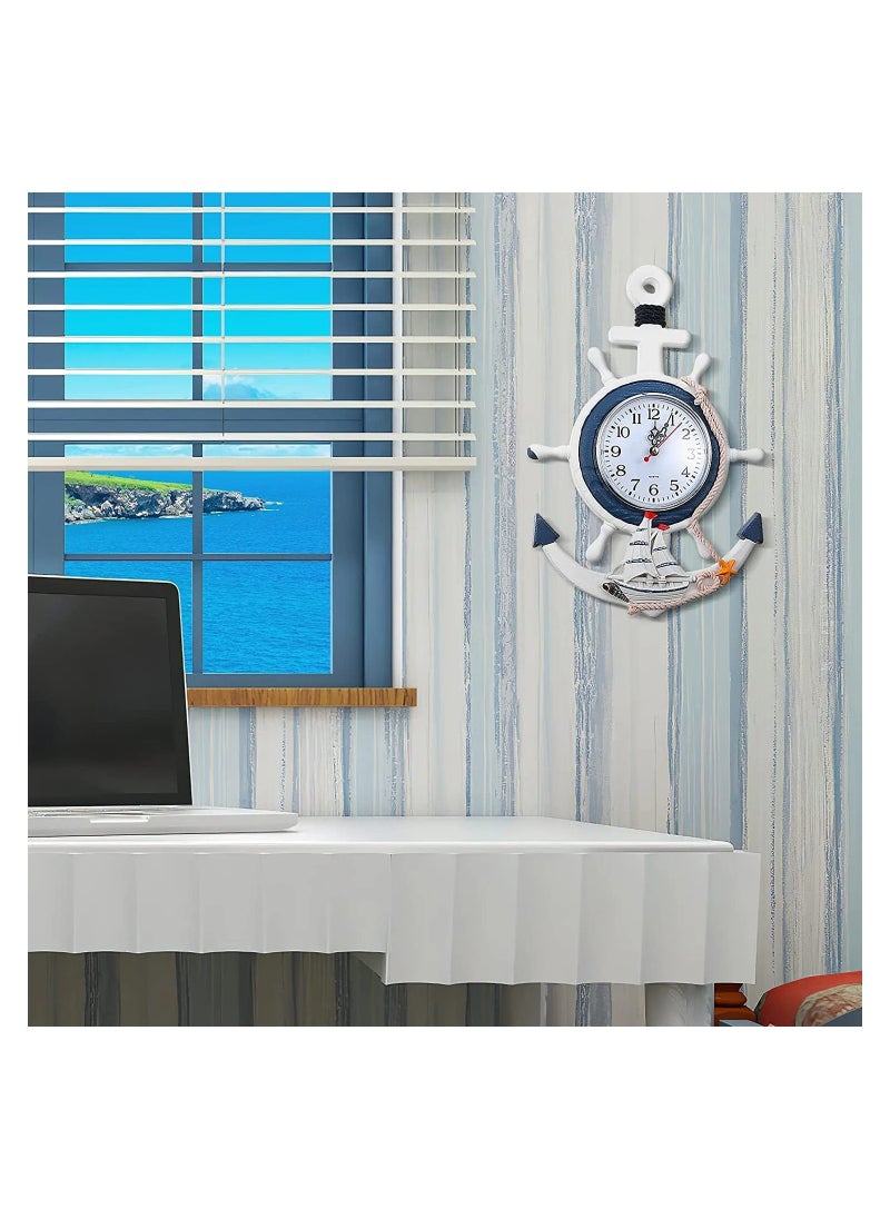 Wall Clock, Mediterranean Style, Nautical Hanging Clock, Creative Nautical Anchor Ship, Wall Decoration for Living Room Bedroom Home Office, Decorations Gift, Clock Wall (Helmsman)
