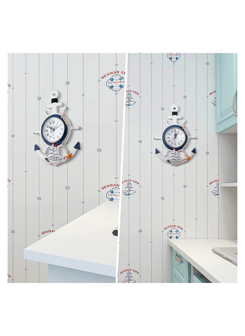 Wall Clock, Mediterranean Style, Nautical Hanging Clock, Creative Nautical Anchor Ship, Wall Decoration for Living Room Bedroom Home Office, Decorations Gift, Clock Wall (Helmsman)