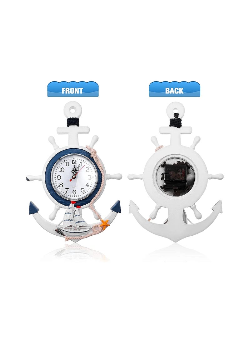 Wall Clock, Mediterranean Style, Nautical Hanging Clock, Creative Nautical Anchor Ship, Wall Decoration for Living Room Bedroom Home Office, Decorations Gift, Clock Wall (Helmsman)