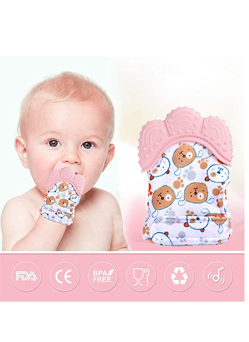 2 Pack Teething Mittens, Mitten Teether Toy, Infant Mitt Set, Food Grade Safe (BPA Free), Washable u0026 Durable Mitt Prevent Scratches Protection Gloves(Pink)