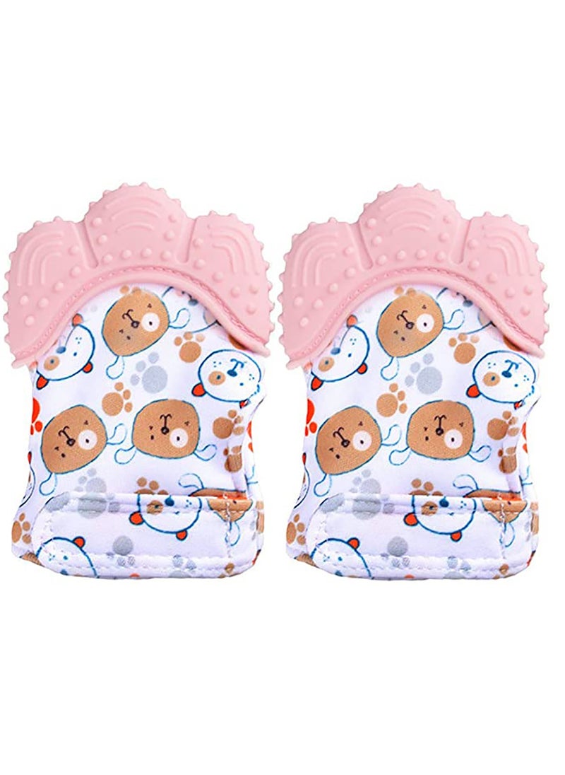 2 Pack Teething Mittens, Mitten Teether Toy, Infant Mitt Set, Food Grade Safe (BPA Free), Washable u0026 Durable Mitt Prevent Scratches Protection Gloves(Pink)