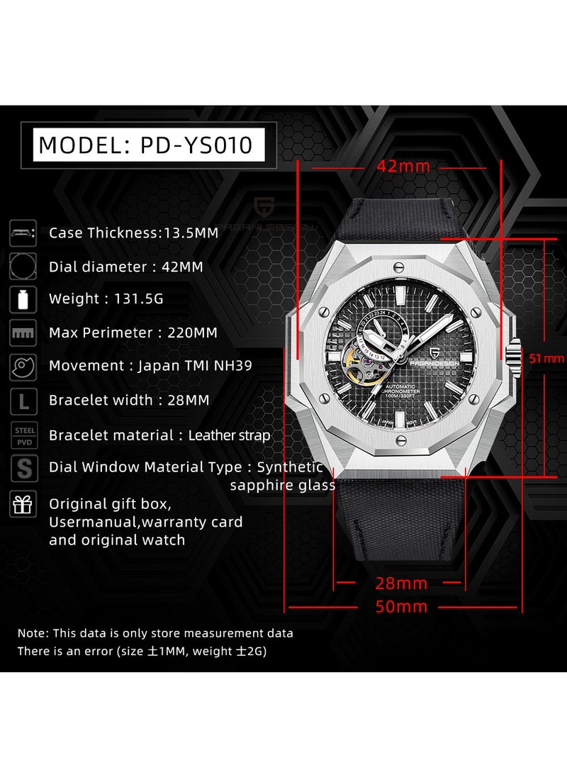 New Luxury Men's Mechanical Automatic Watches, Chronograph, Waterproof, Luminous Hands, Leather Strap, Imported Movement, Synthetic Sapphire Glass Dial, PD YS010