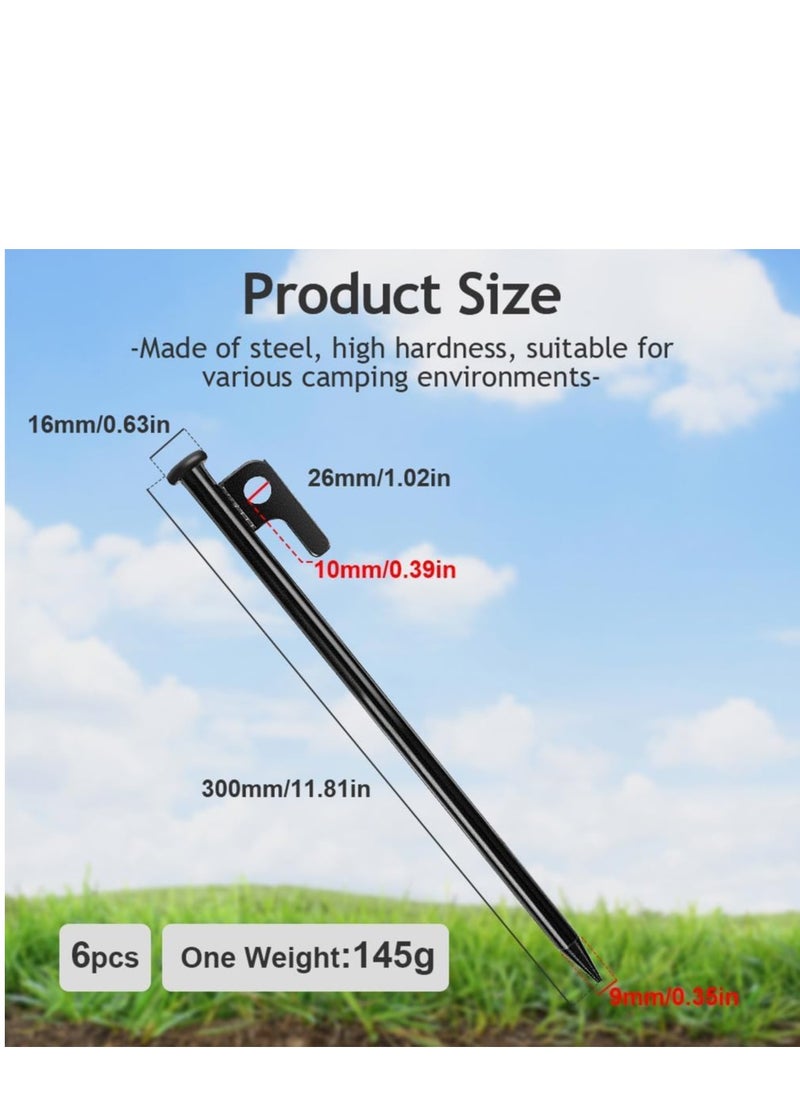 Tent Stakes, 6Pack High Strength Steel Tent Stakes Heavy Duty, 30CM Long Anchoring Tent Pegs with Hooks & Holes, Unbreakable & Inflexible Camping Stakes for Outdoor Grassland Traveling Camping Hiking