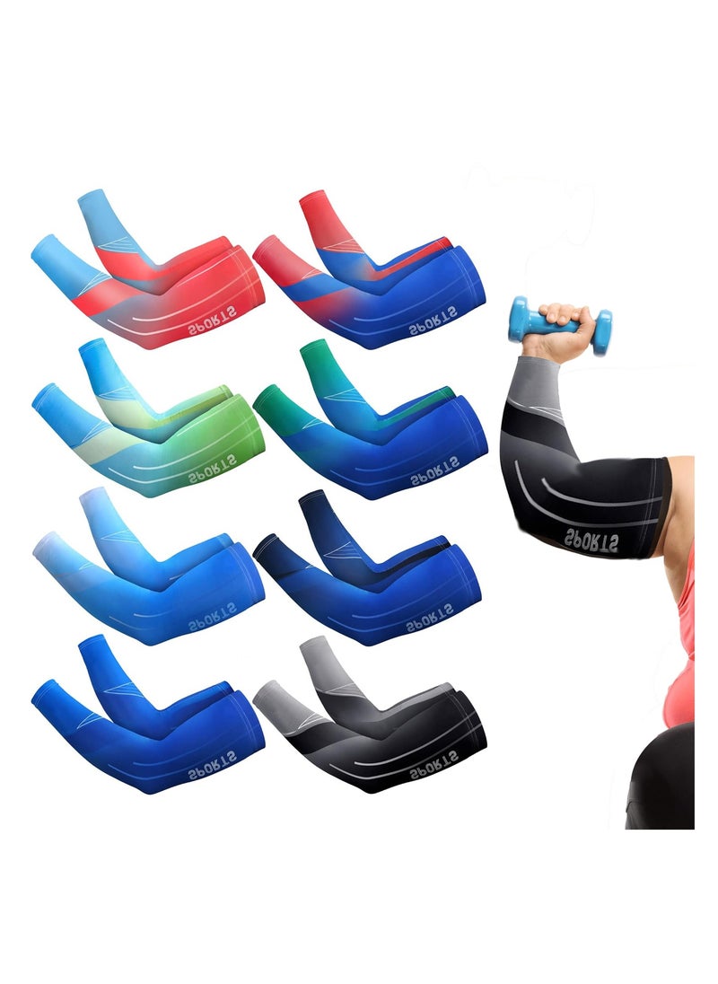 8 Pairs UV Sun Protection Arm Sleeve Sports Cooling Arm Compression Sleeves for Men Women Teenager Cooling Sport Sleeve to Cover Arm Ice Silk Compression Cover