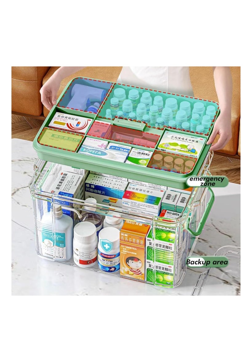 Medicine Storage Box, First Aid Clear Bin, Double Compartment Medication Organizer with Large Capacity, Portable Emergency Kit, Plastic Family Medical Supplies Storage Box