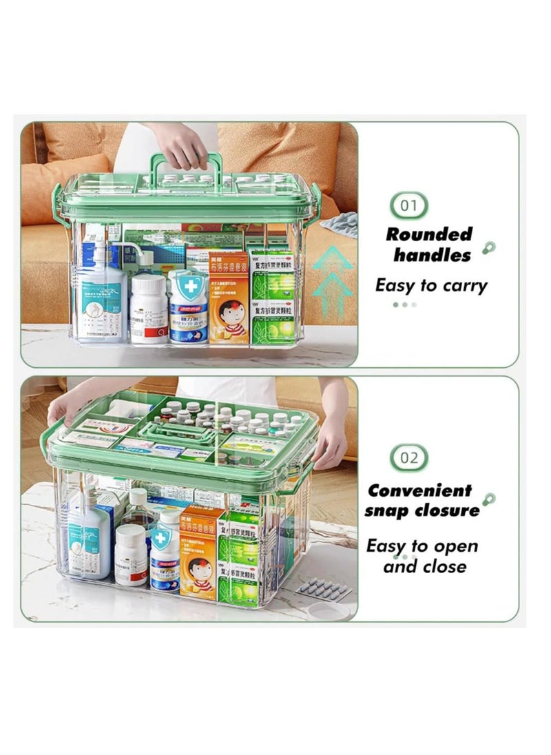 Medicine Storage Box, First Aid Clear Bin, Double Compartment Medication Organizer with Large Capacity, Portable Emergency Kit, Plastic Family Medical Supplies Storage Box