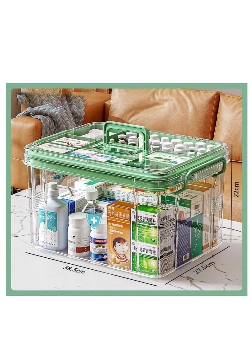Medicine Storage Box, First Aid Clear Bin, Double Compartment Medication Organizer with Large Capacity, Portable Emergency Kit, Plastic Family Medical Supplies Storage Box