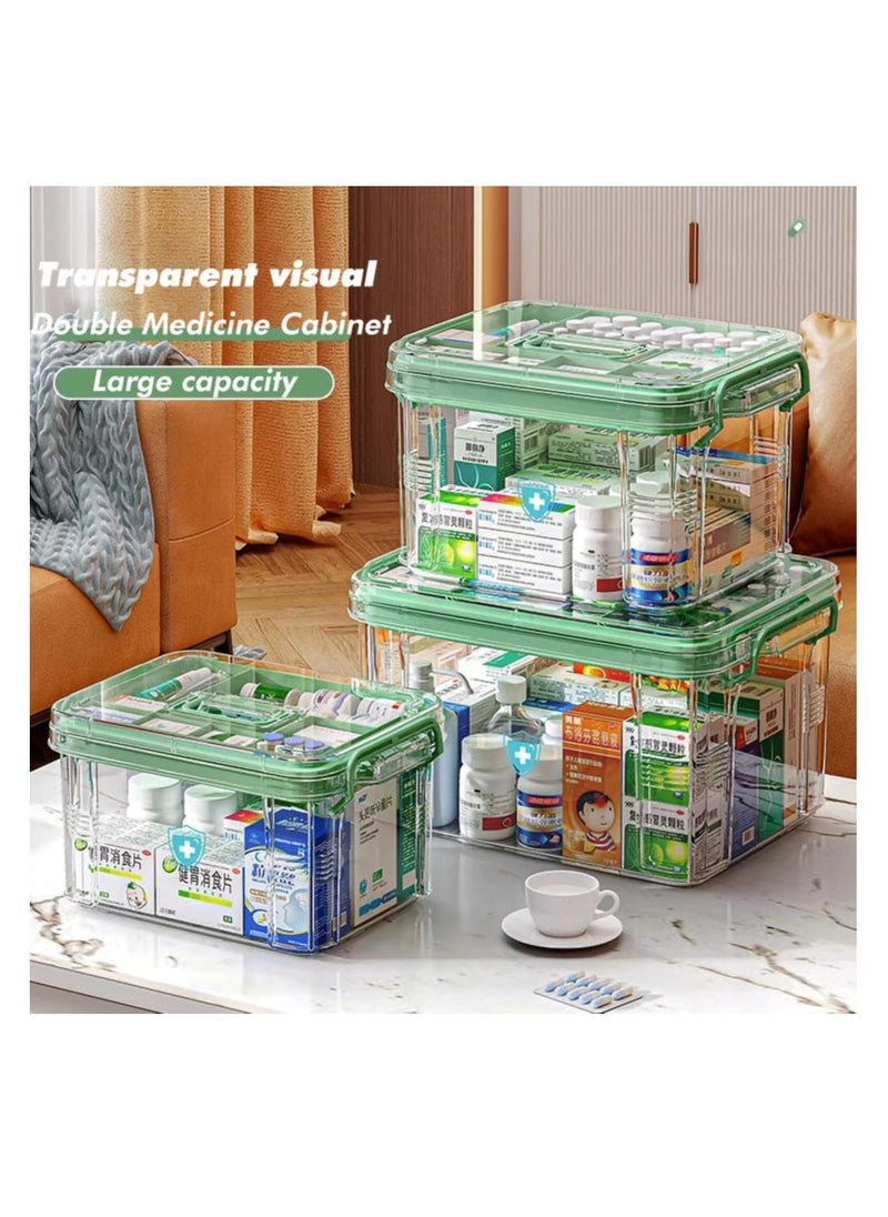 Medicine Storage Box, First Aid Clear Bin, Double Compartment Medication Organizer with Large Capacity, Portable Emergency Kit, Plastic Family Medical Supplies Storage Box
