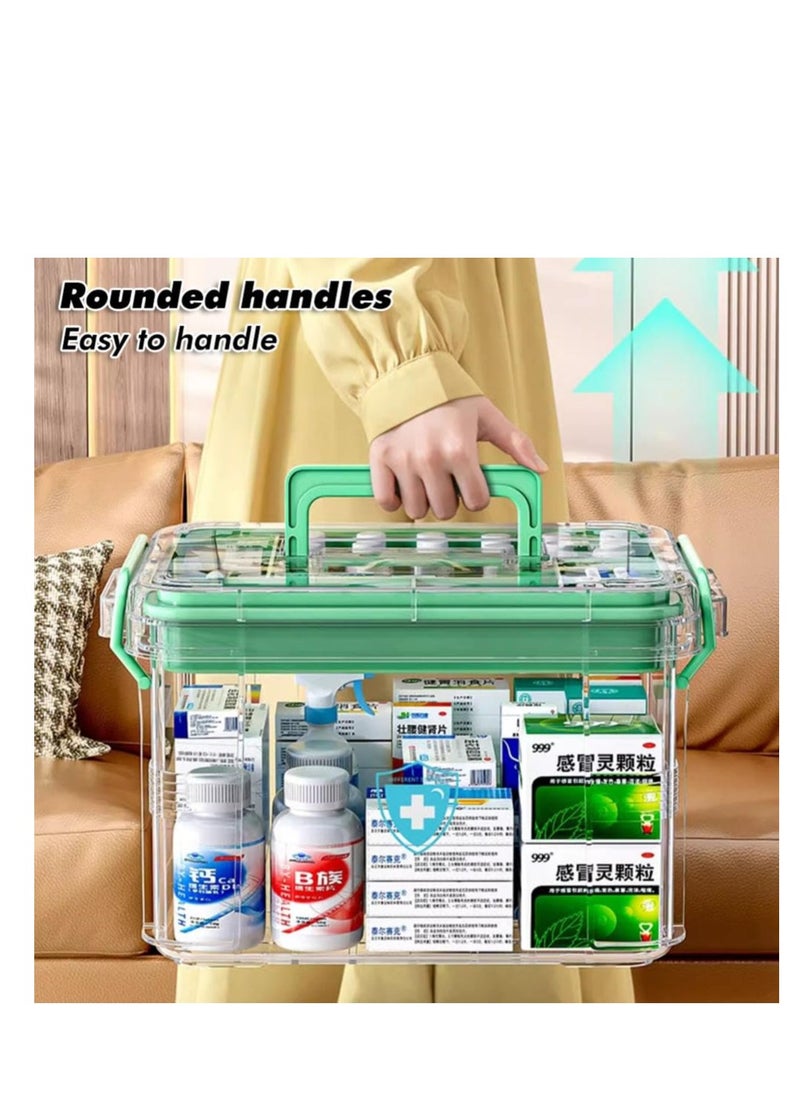 Medicine Storage Box, First Aid Clear Bin, Double Compartment Medication Organizer with Large Capacity, Portable Emergency Kit, Plastic Family Medical Supplies Storage Box