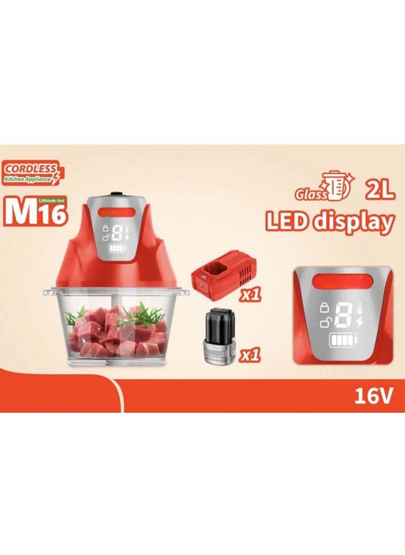 Cordless Electric Food Chopper 200W – Rechargeable 2000mAh Battery, 2L Glass Bowl, 2-Speed Control with LED Display, Stainless Steel Blades – Portable Mini Chopper for Meat, Veggies, Baby Food