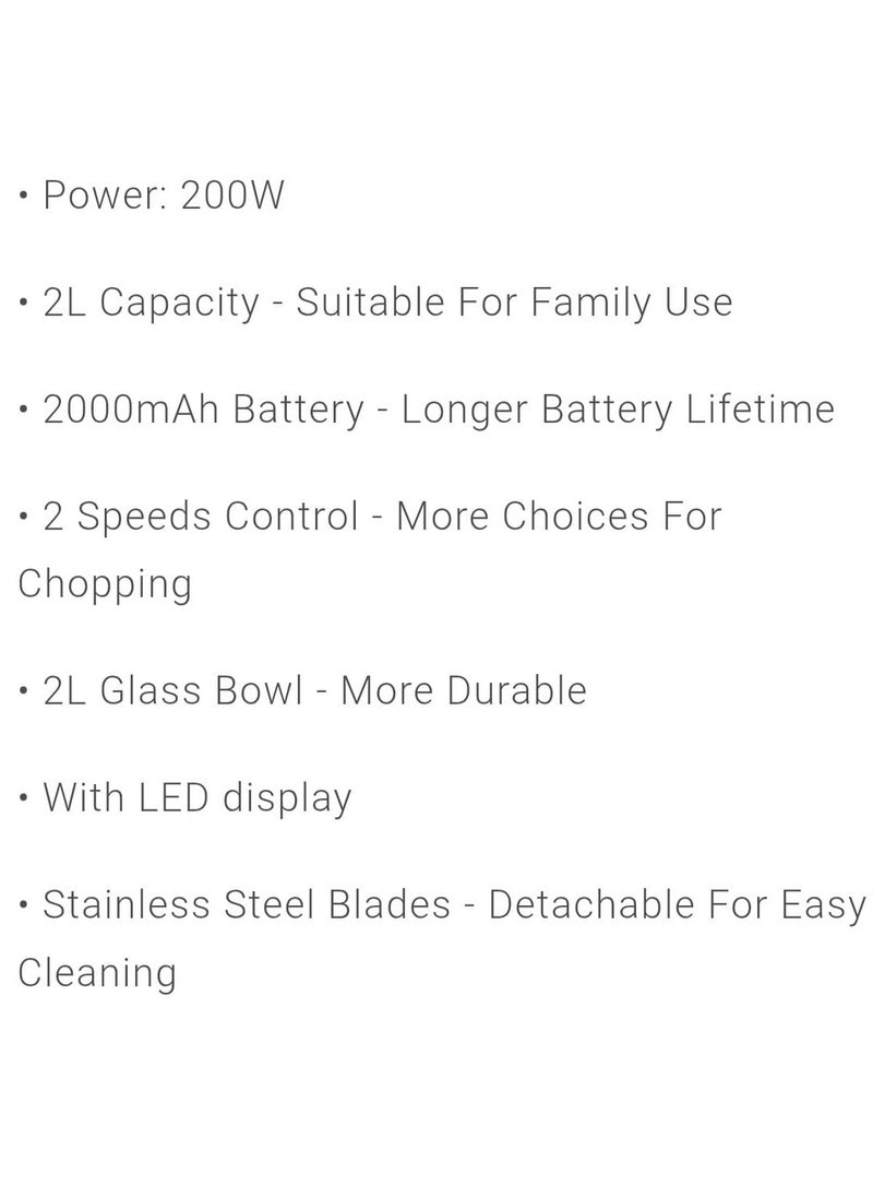 Cordless Electric Food Chopper 200W – Rechargeable 2000mAh Battery, 2L Glass Bowl, 2-Speed Control with LED Display, Stainless Steel Blades – Portable Mini Chopper for Meat, Veggies, Baby Food