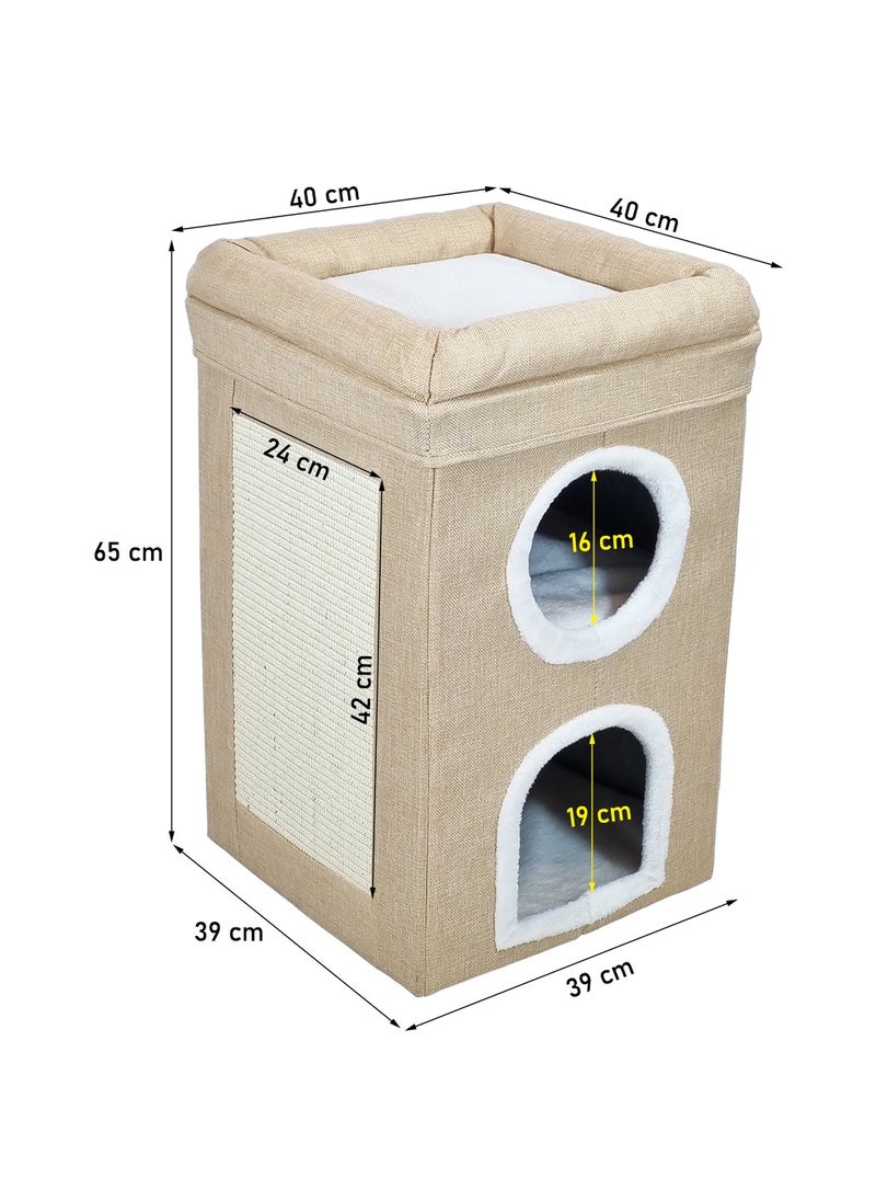 3-Tier cat bed with Sisal scratching board, Foldable design, Soft plush interior, and Non-slip bottom, Multi-level playhouse for indoor Cats & kittens 65 cm (Khaki)