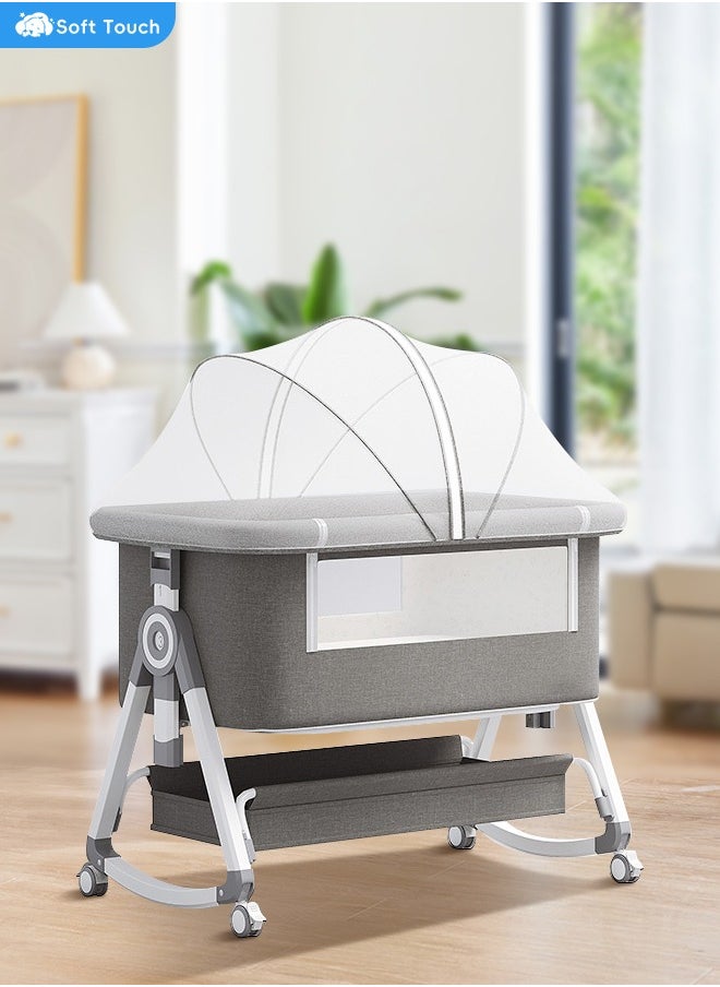 4 In 1 Baby Bedside Crib Toddler Bed with 6 Height Adjustable Foldable Infant Bessinet with Storage Basket Baby Sleeping Bed with Soft Mattress and Mosquito Net for Infant Newborn