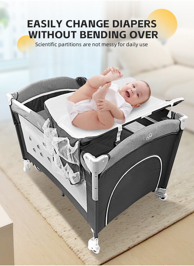Baby Cot 5 In 1 Baby Bassinet Bedside Crib Toddler Beside Sleeper with Diaper Table Portable Baby Nursery Center Playard Foldabele Baby Travel Crib with Wheels and Storage Bag