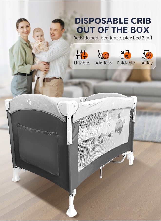Baby Cot 5 In 1 Baby Bassinet Bedside Crib Toddler Beside Sleeper with Diaper Table Portable Baby Nursery Center Playard Foldabele Baby Travel Crib with Wheels and Storage Bag