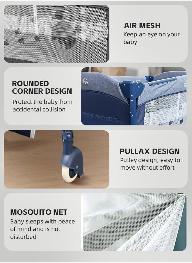 Baby Cot 5 In 1 Baby Bassinet Bedside Crib Toddler Beside Sleeper with Diaper Table Portable Baby Nursery Center Playard Foldabele Baby Travel Crib with Wheels and Storage Bag