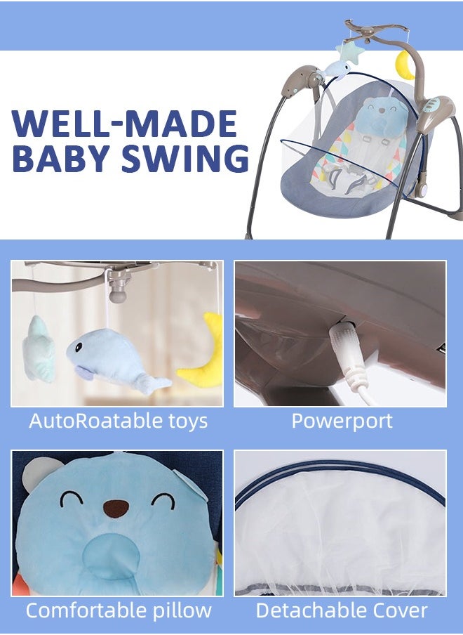 Electric Baby Swing for Infants Foldable Baby Bouncer Portable Baby Rocking Chair with Adjustable Backrest Hanging Toys Remote Control and Music