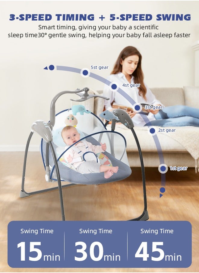 Electric Baby Swing for Infants Foldable Baby Bouncer Portable Baby Rocking Chair with Adjustable Backrest Hanging Toys Remote Control and Music