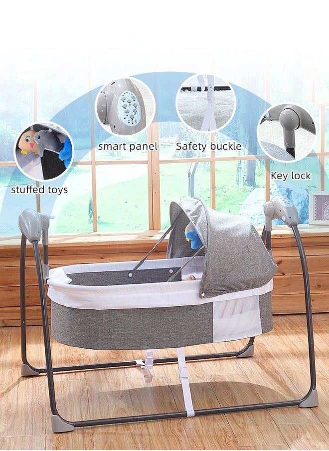 Electric Baby Cradle Grey Baby Bed Cradle 3-Speed Automatic Baby Swing Baby Cradle Rocker with 3 Plush Toy Pendants and Pillow Bluetooth Infant Crib Cradle with Music
