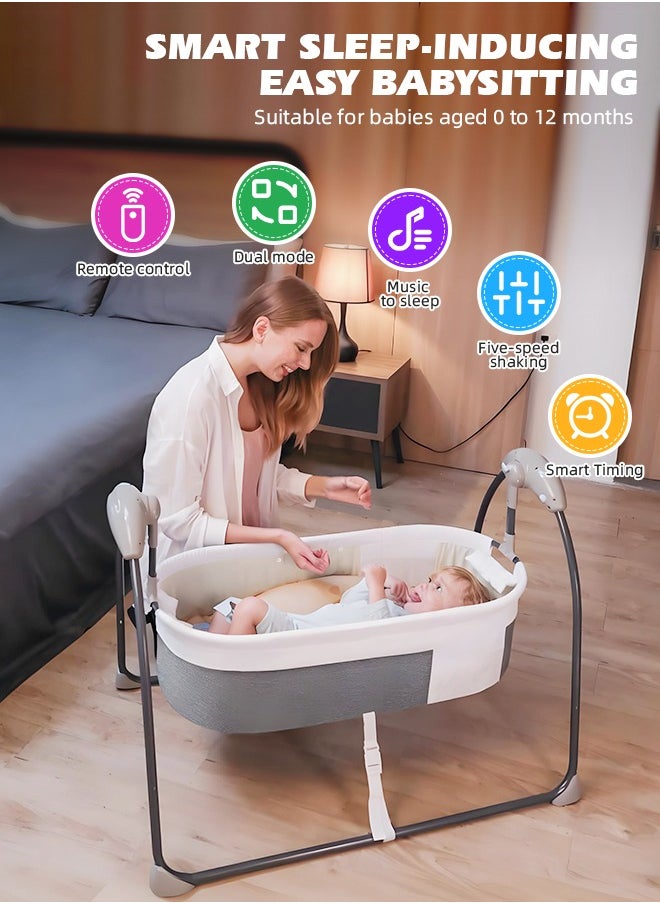 Electric Baby Cradle Grey Baby Bed Cradle 3-Speed Automatic Baby Swing Baby Cradle Rocker with 3 Plush Toy Pendants and Pillow Bluetooth Infant Crib Cradle with Music